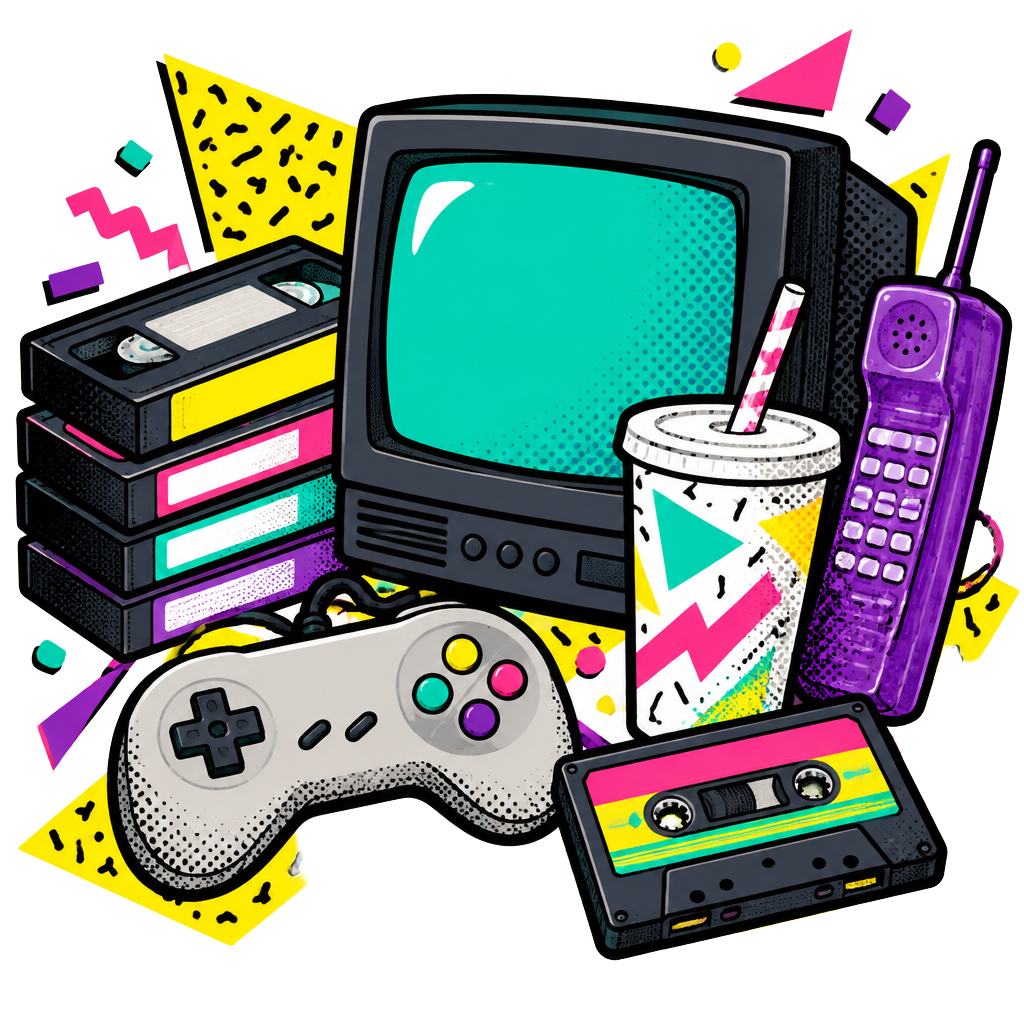 Illustrated CRT TV, VHS tapes, game controller, soda cup and cassette