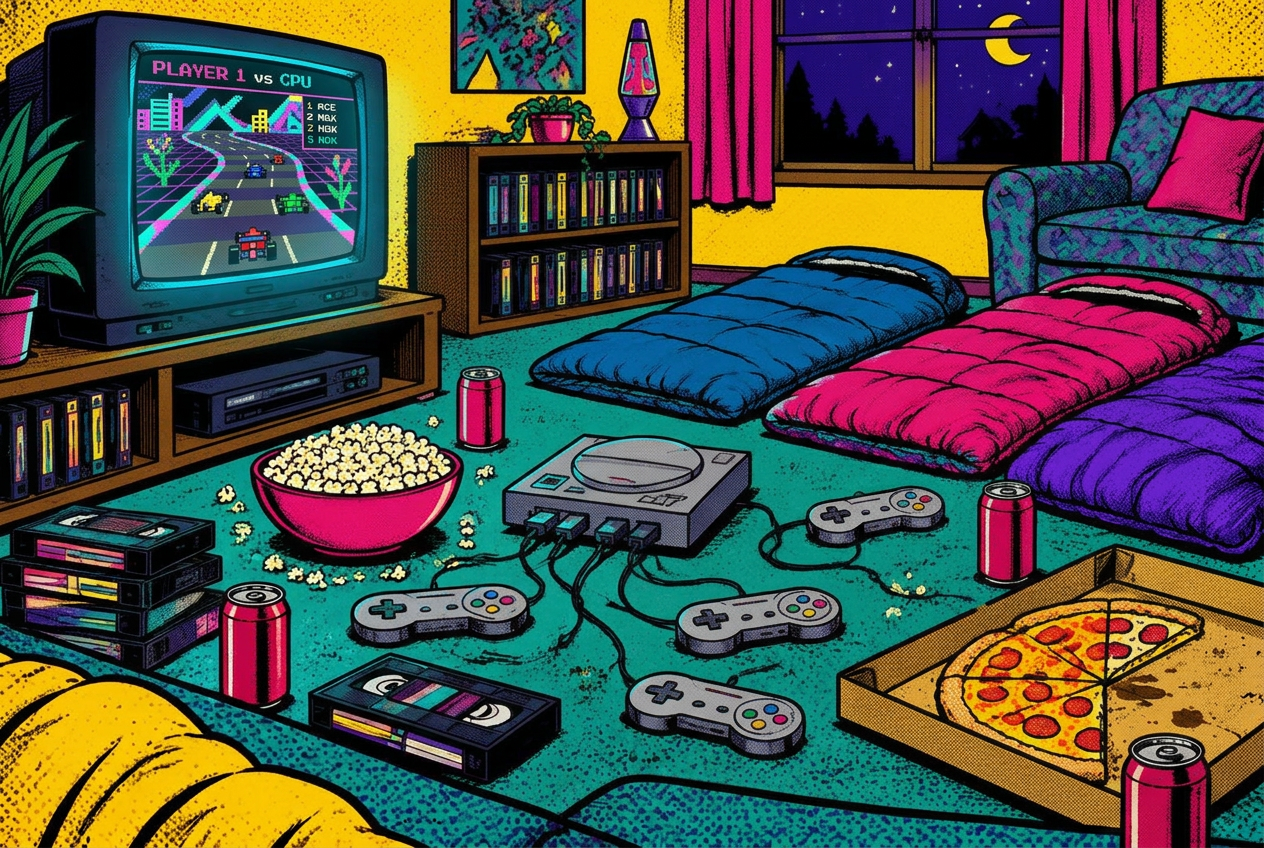 Illustrated 90s living room with CRT TV, game console, popcorn and sleeping bags